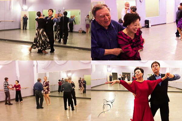 Couples dancing in a ballroom dance class at Dancingland Dance Studio, with instructors guiding students in a spacious, well-lit dance studio.